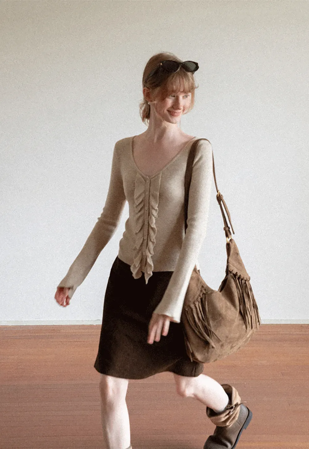 Ruffled Trim V Neck Long Sleeve Knit Sweater