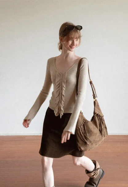 Ruffled Trim V Neck Long Sleeve Knit Sweater