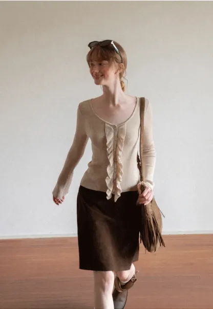 Ruffled Trim V Neck Long Sleeve Knit Sweater
