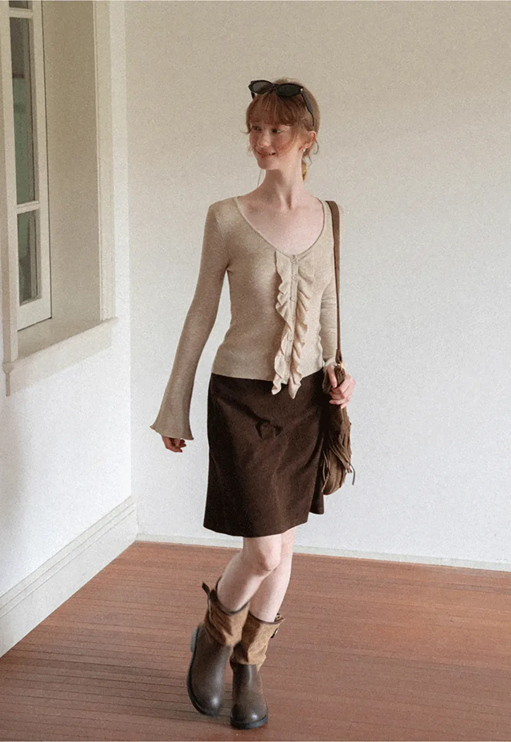 Ruffled Trim V Neck Long Sleeve Knit Sweater