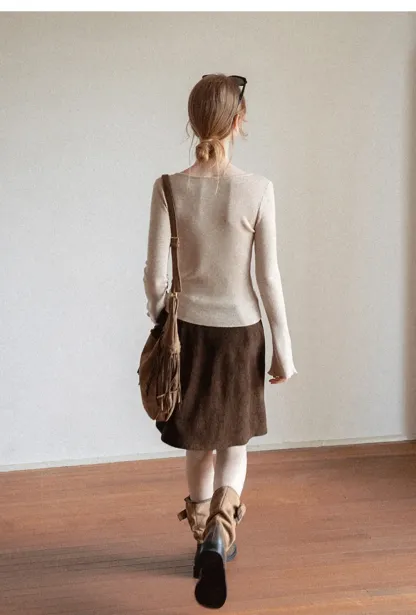 Ruffled Trim V Neck Long Sleeve Knit Sweater
