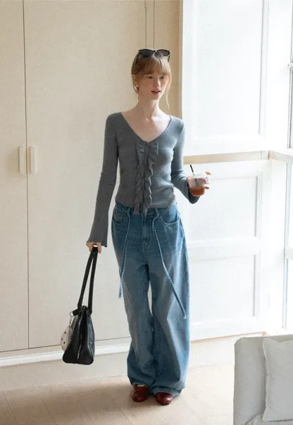 Ruffled Trim V Neck Long Sleeve Knit Sweater