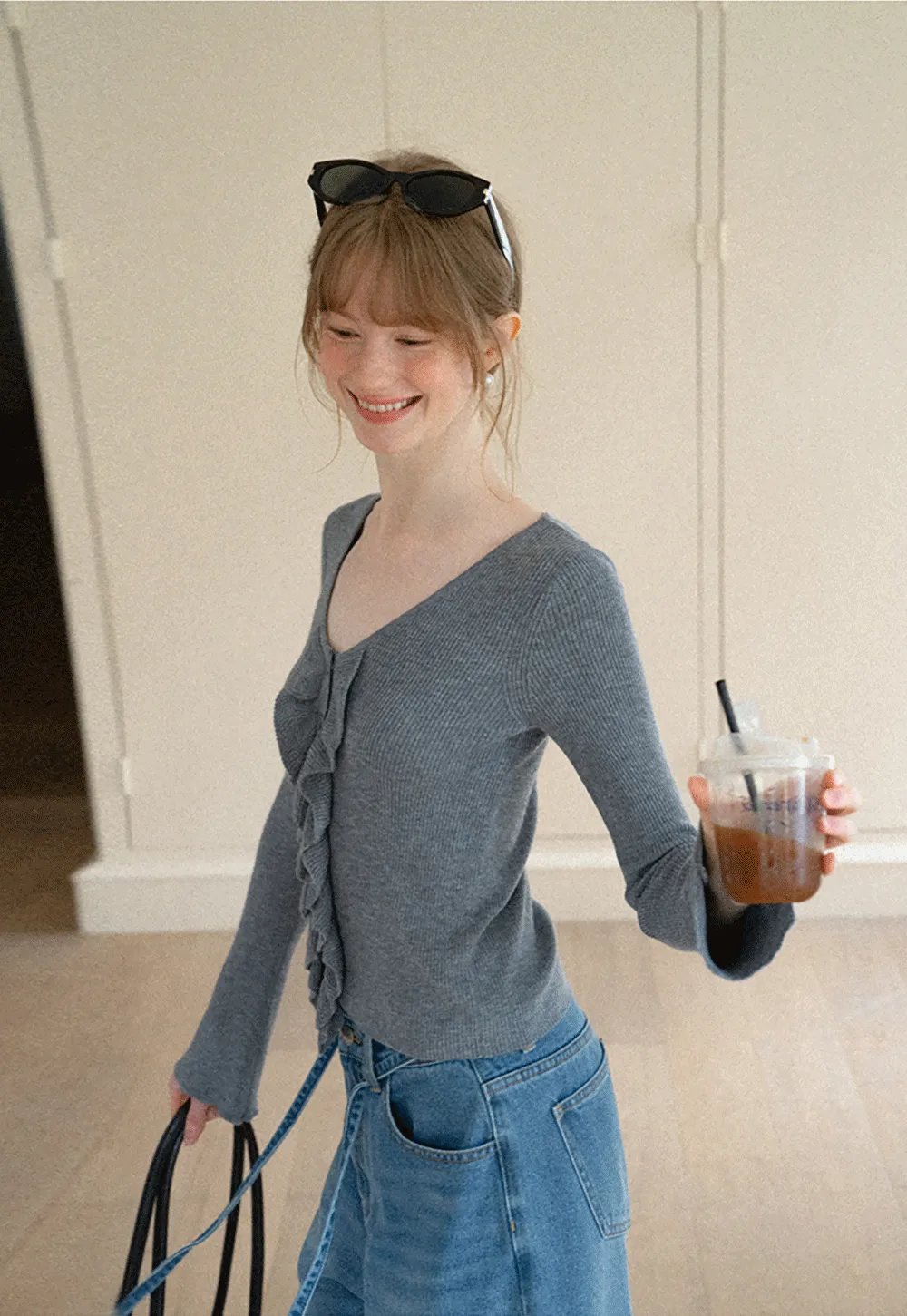 Ruffled Trim V Neck Long Sleeve Knit Sweater