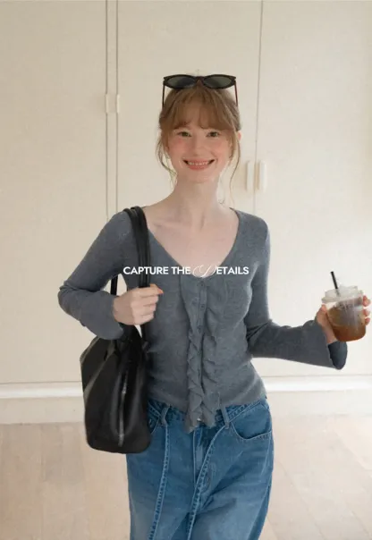 Ruffled Trim V Neck Long Sleeve Knit Sweater