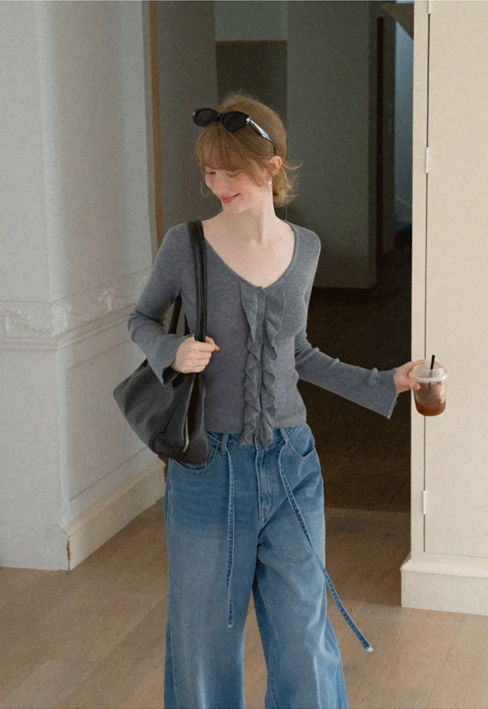 Ruffled Trim V Neck Long Sleeve Knit Sweater