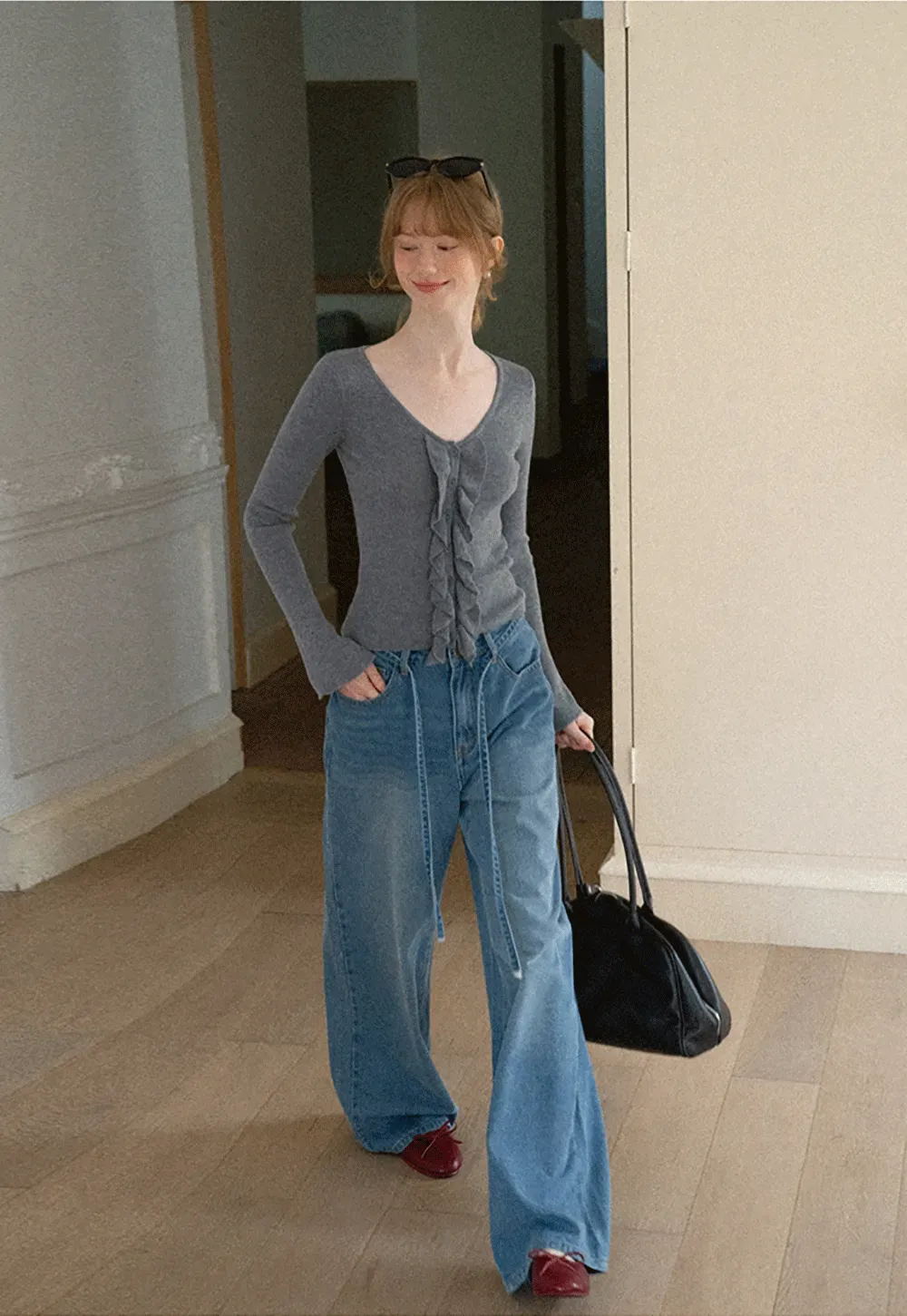 Ruffled Trim V Neck Long Sleeve Knit Sweater