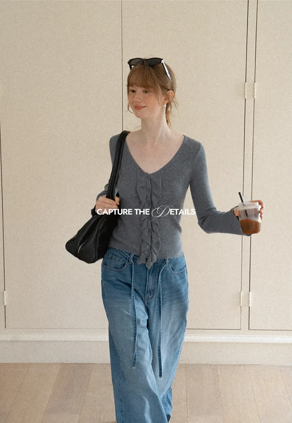 Ruffled Trim V Neck Long Sleeve Knit Sweater