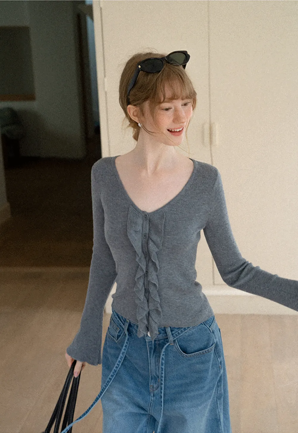 Ruffled Trim V Neck Long Sleeve Knit Sweater