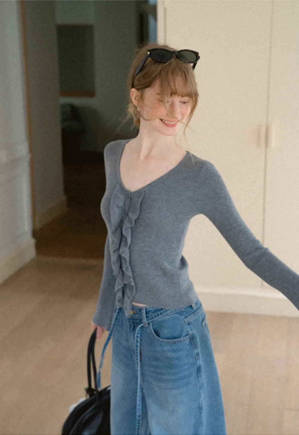 Ruffled Trim V Neck Long Sleeve Knit Sweater