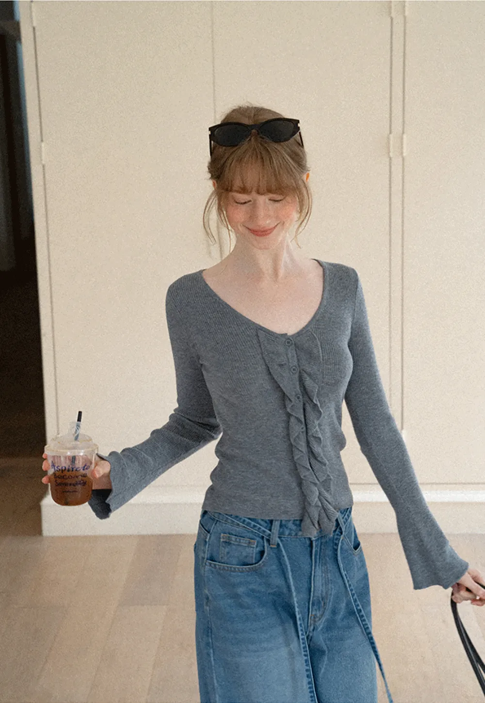 Ruffled Trim V Neck Long Sleeve Knit Sweater