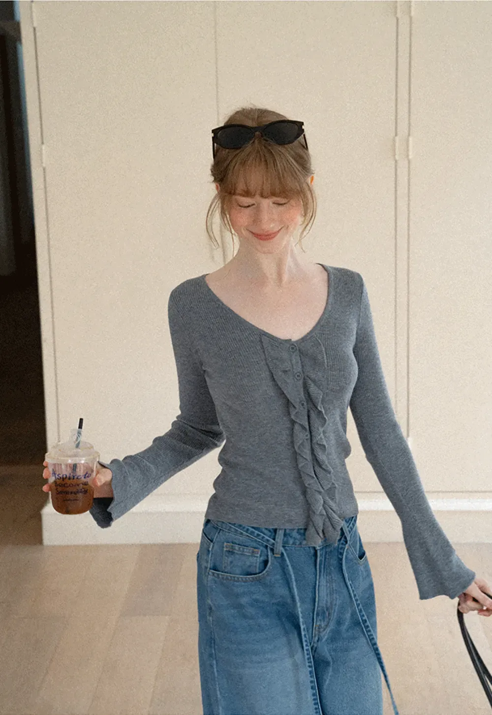 Ruffled Trim V Neck Long Sleeve Knit Sweater