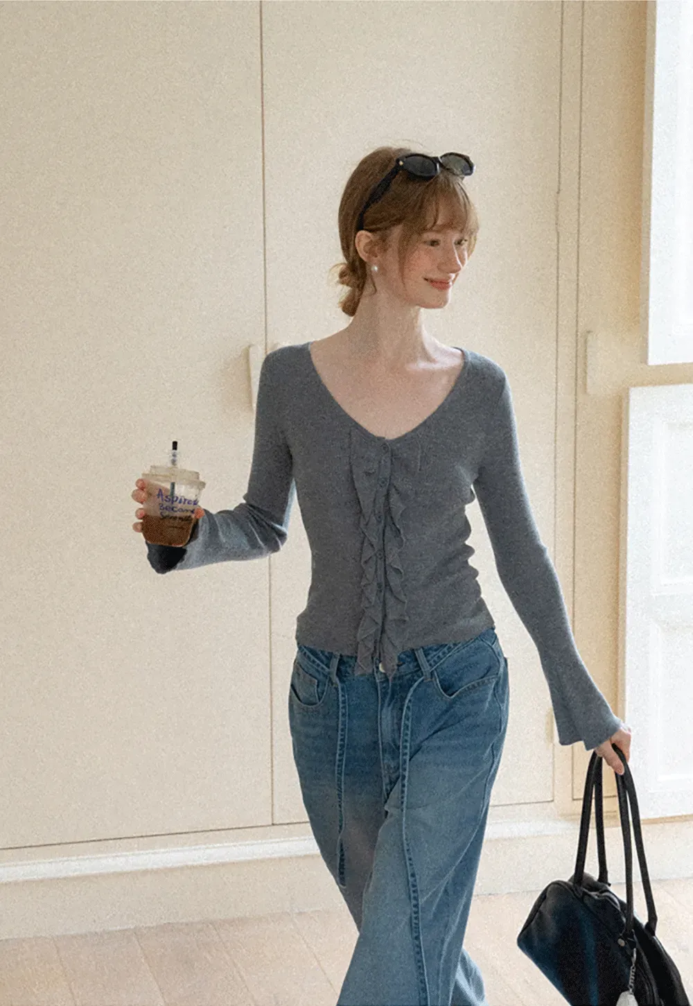 Ruffled Trim V Neck Long Sleeve Knit Sweater