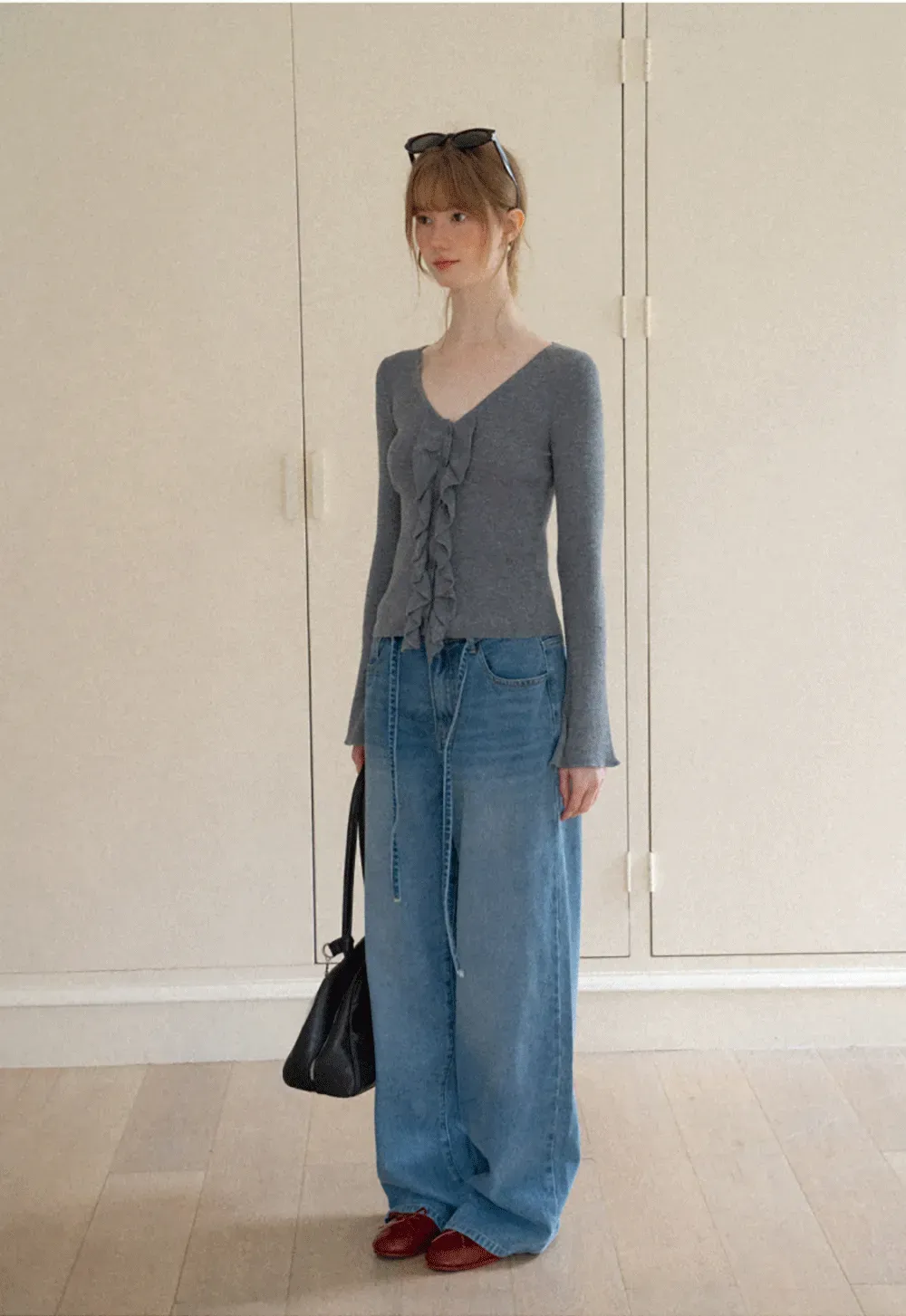 Ruffled Trim V Neck Long Sleeve Knit Sweater