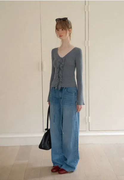 Ruffled Trim V Neck Long Sleeve Knit Sweater