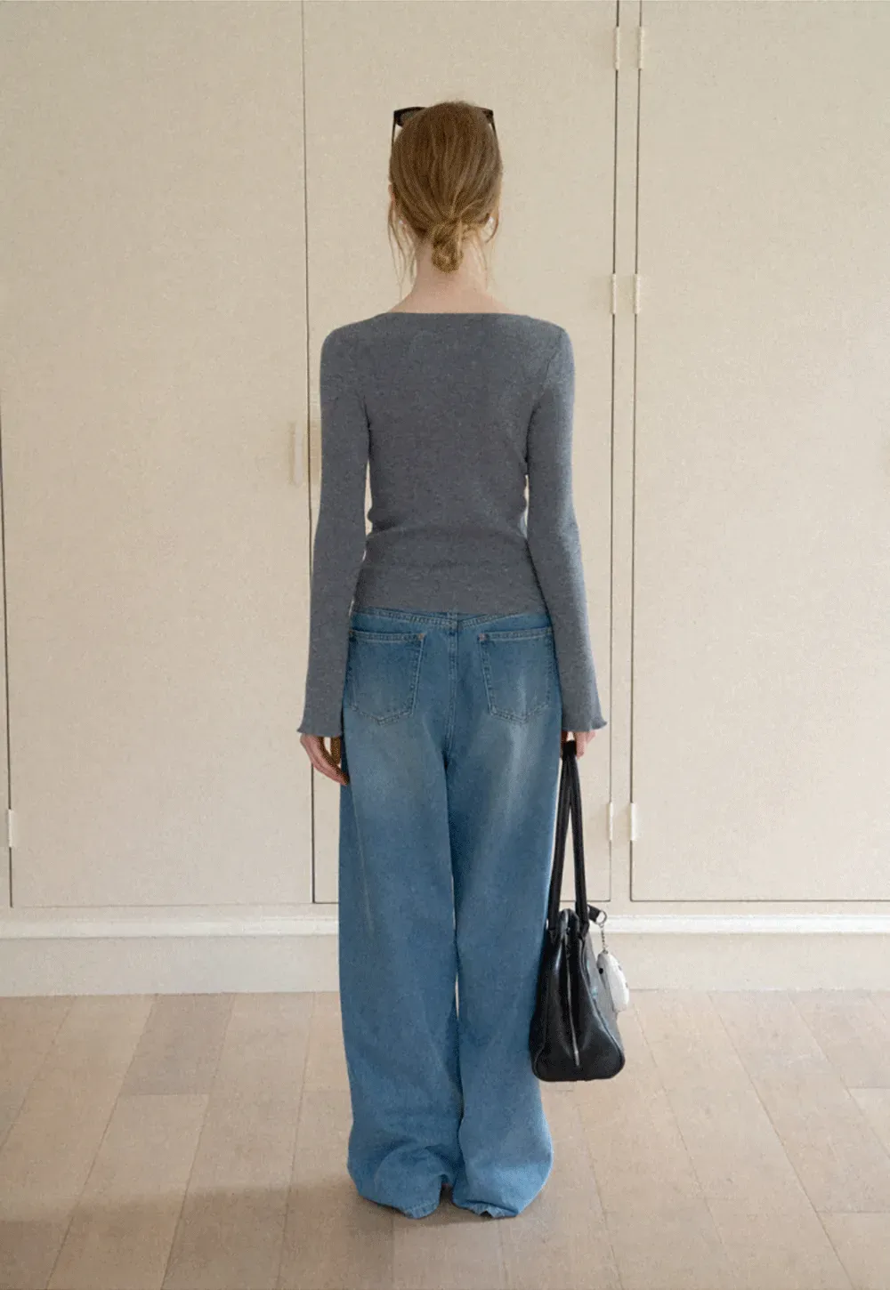 Ruffled Trim V Neck Long Sleeve Knit Sweater