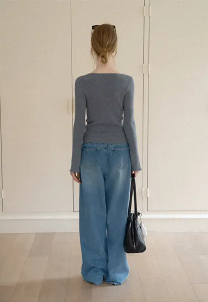 Ruffled Trim V Neck Long Sleeve Knit Sweater