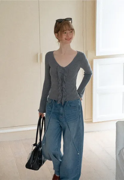 Ruffled Trim V Neck Long Sleeve Knit Sweater