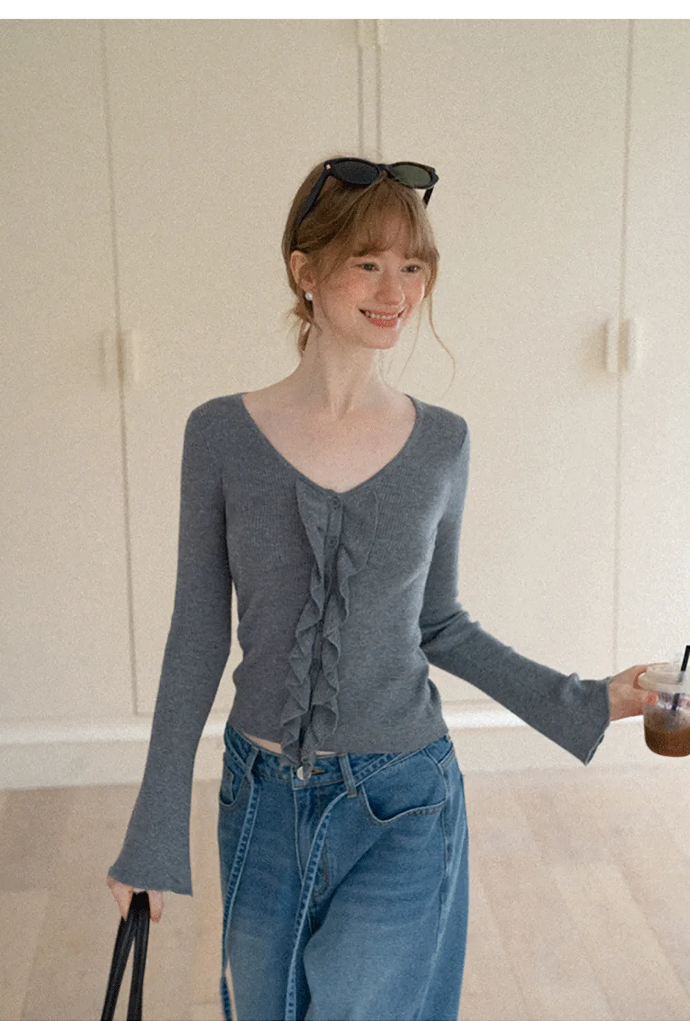 Ruffled Trim V Neck Long Sleeve Knit Sweater