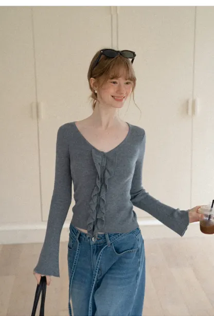 Ruffled Trim V Neck Long Sleeve Knit Sweater