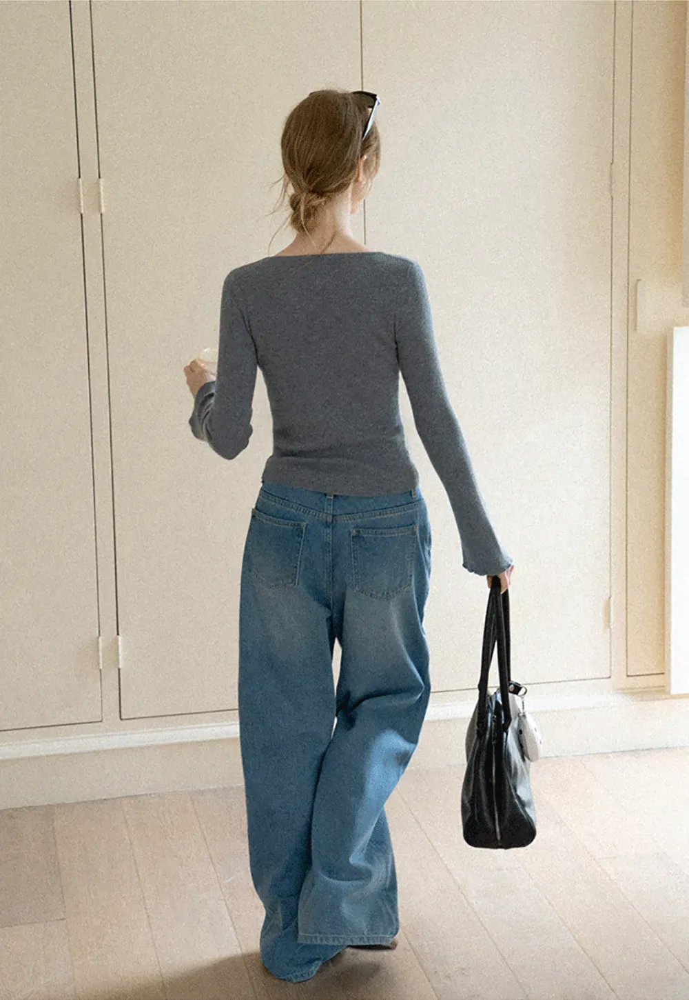 Ruffled Trim V Neck Long Sleeve Knit Sweater