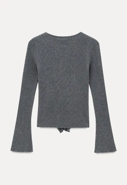 Ruffled Trim V Neck Long Sleeve Knit Sweater