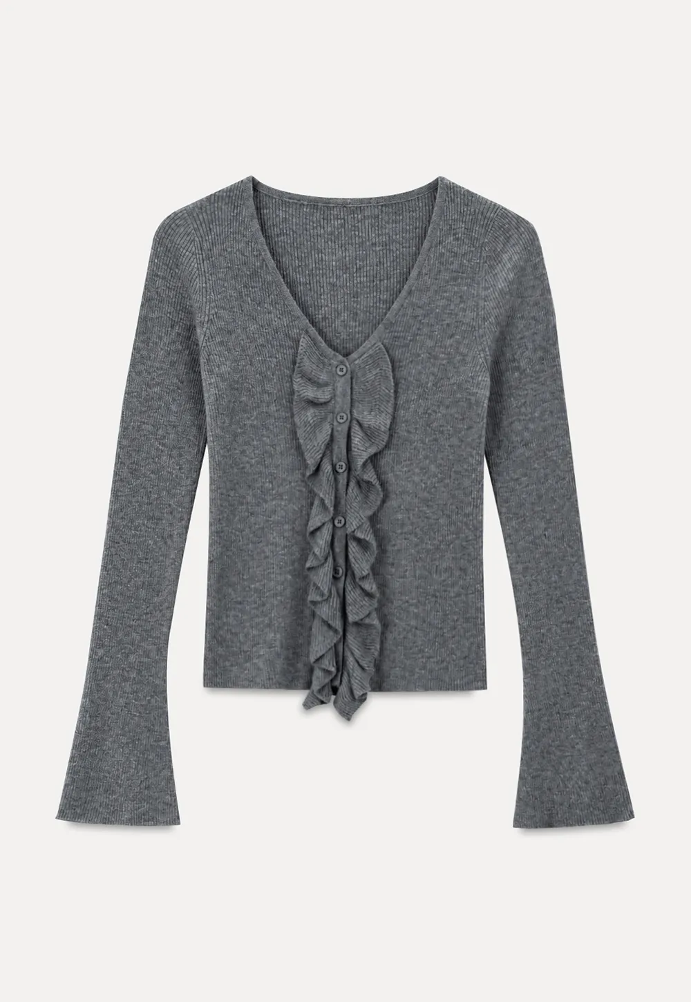 Ruffled Trim V Neck Long Sleeve Knit Sweater