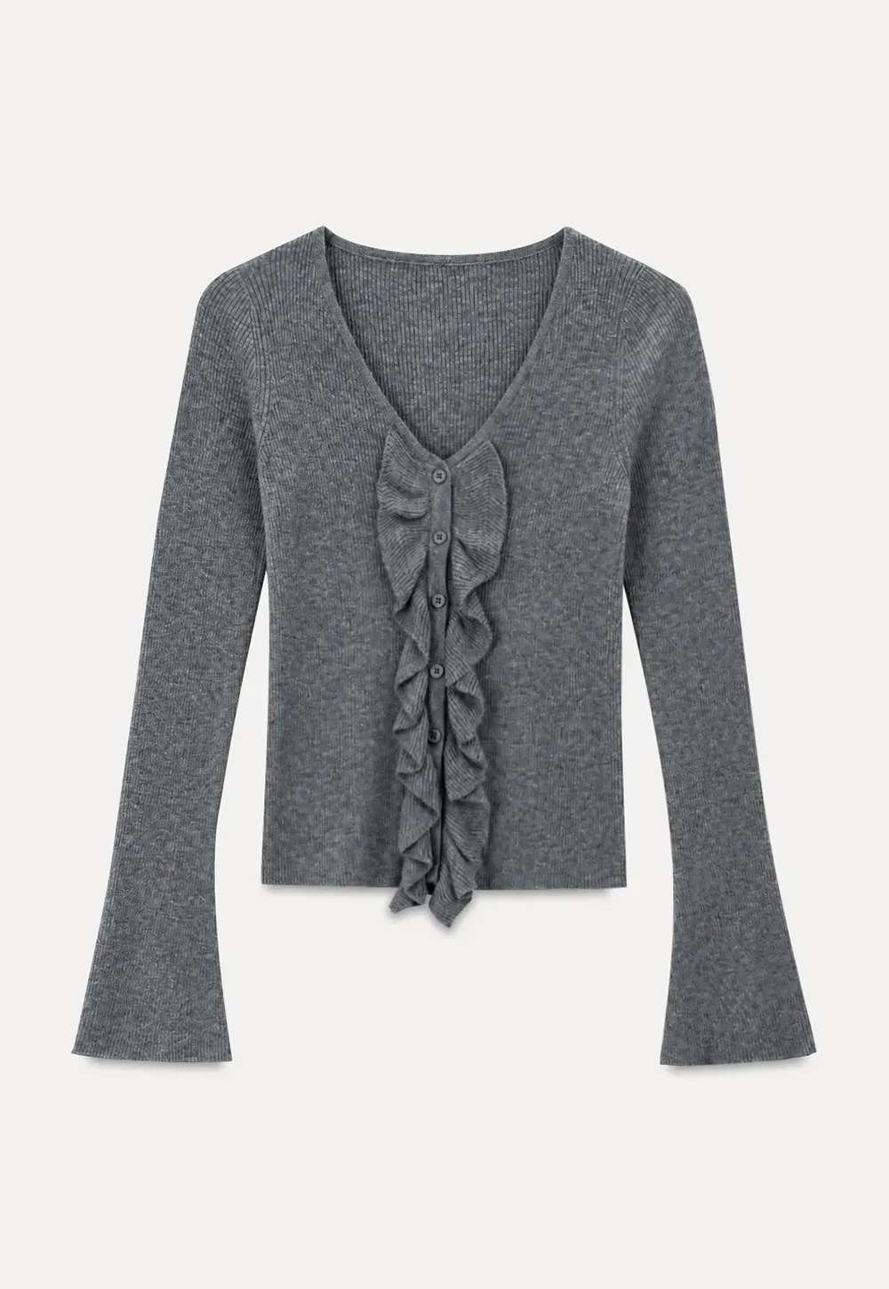 Ruffled Trim V Neck Long Sleeve Knit Sweater