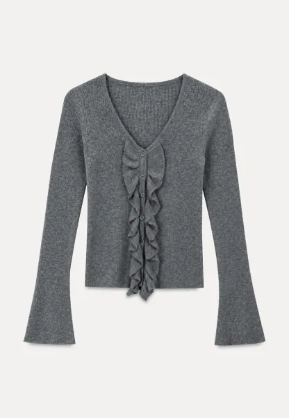 Ruffled Trim V Neck Long Sleeve Knit Sweater