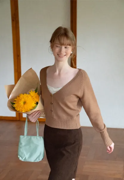 V Neck Button Front Ribbed Knit Sweater