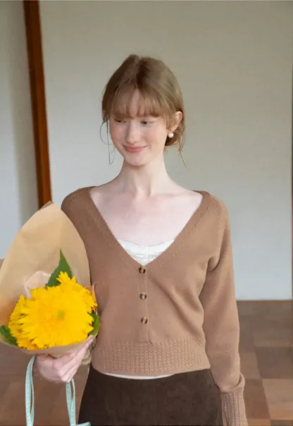 V Neck Button Front Ribbed Knit Sweater