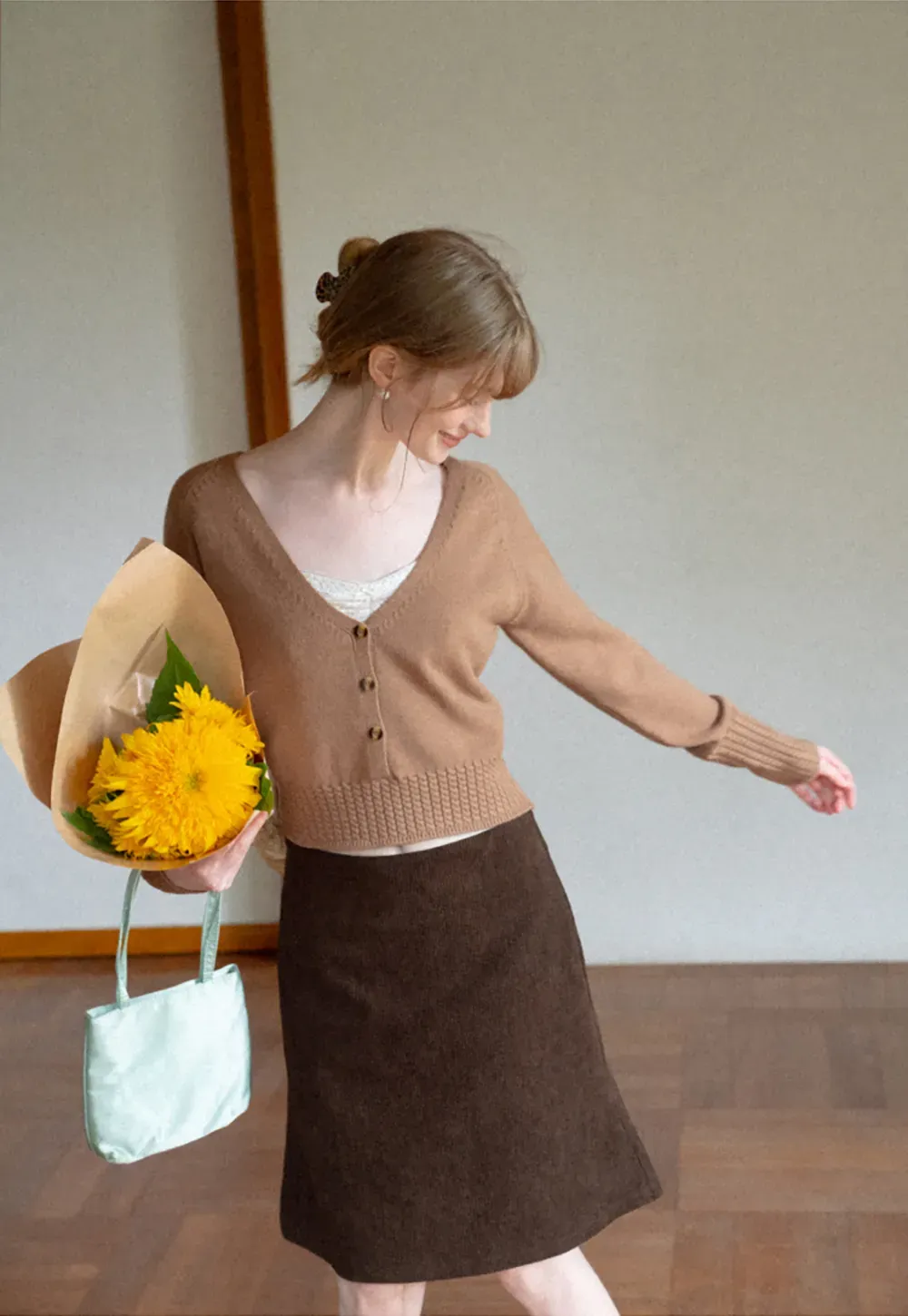 V Neck Button Front Ribbed Knit Sweater