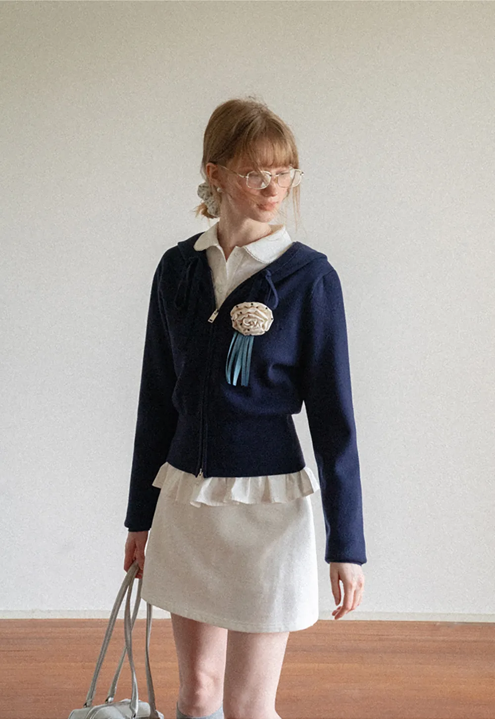 Hooded Zip Front Knit Sweater with Drawstring