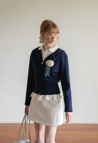 Hooded Zip Front Knit Sweater with Drawstring