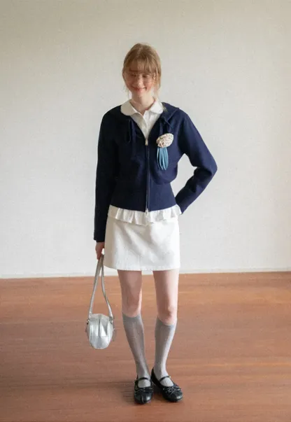Hooded Zip Front Knit Sweater with Drawstring