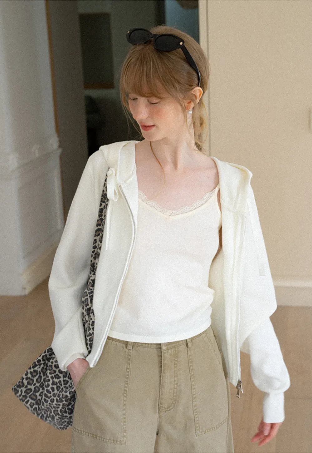 Hooded Zip Front Knit Sweater with Drawstring