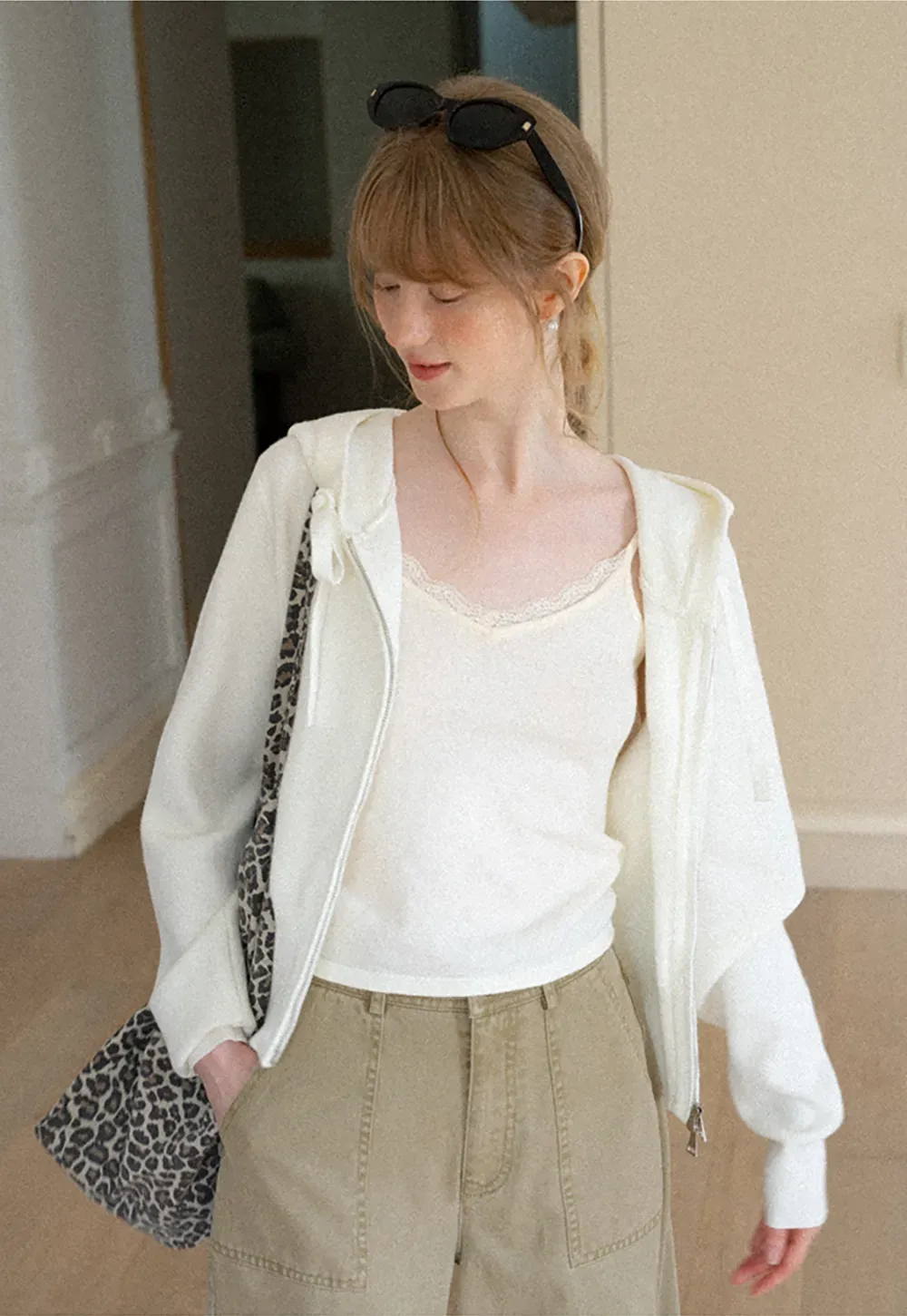 Hooded Zip Front Knit Sweater with Drawstring