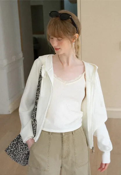 Hooded Zip Front Knit Sweater with Drawstring
