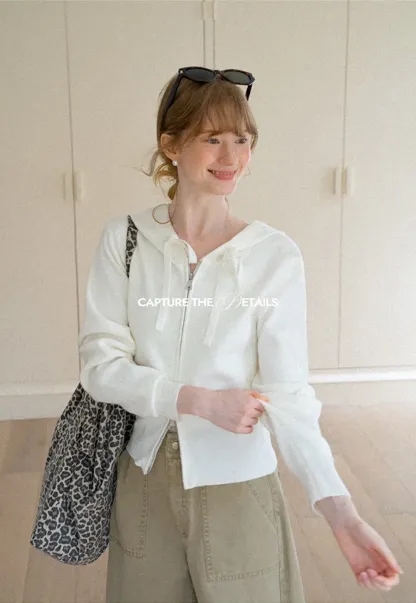 Hooded Zip Front Knit Sweater with Drawstring