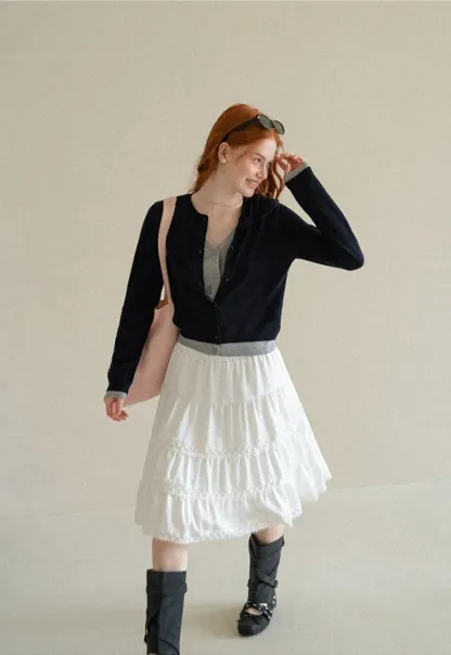 Button Front Cardigan with Contrasting Cuff Detail Woolen Knit Sweater