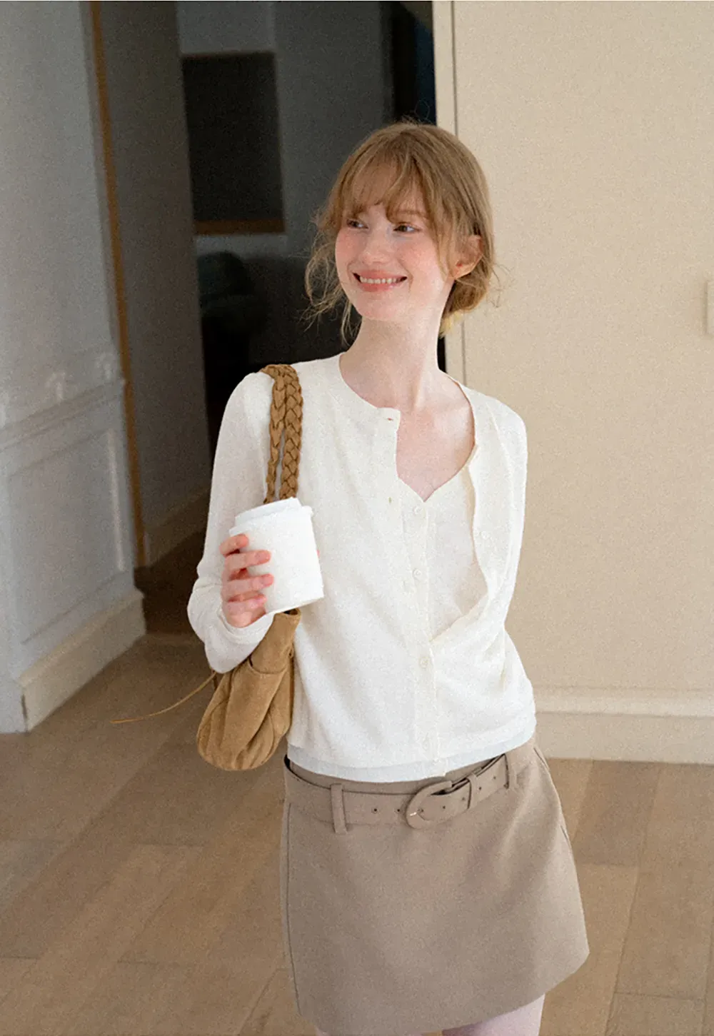 Button Front Cardigan with Contrasting Cuff Detail Woolen Knit Sweater