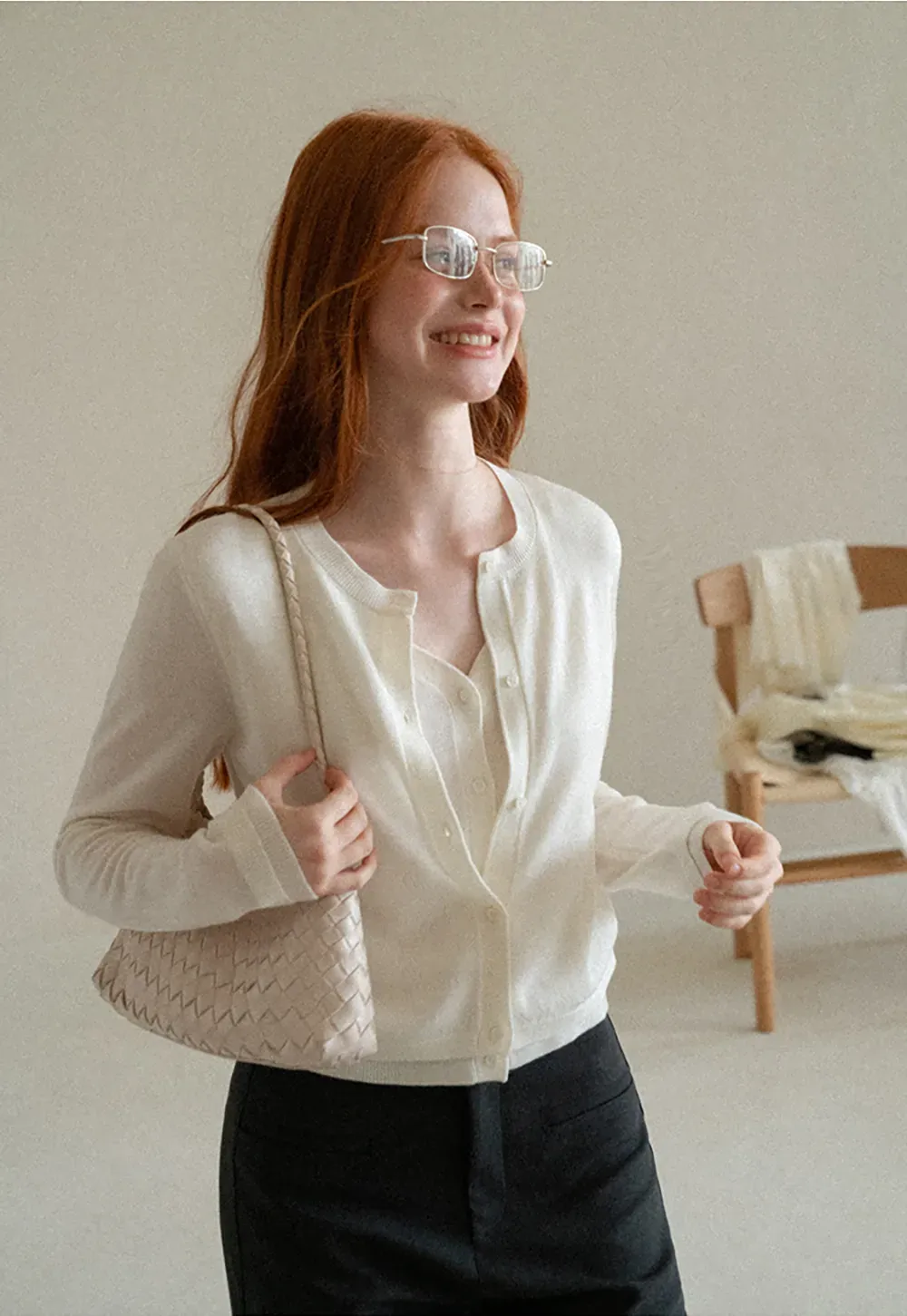 Button Front Cardigan with Contrasting Cuff Detail Woolen Knit Sweater