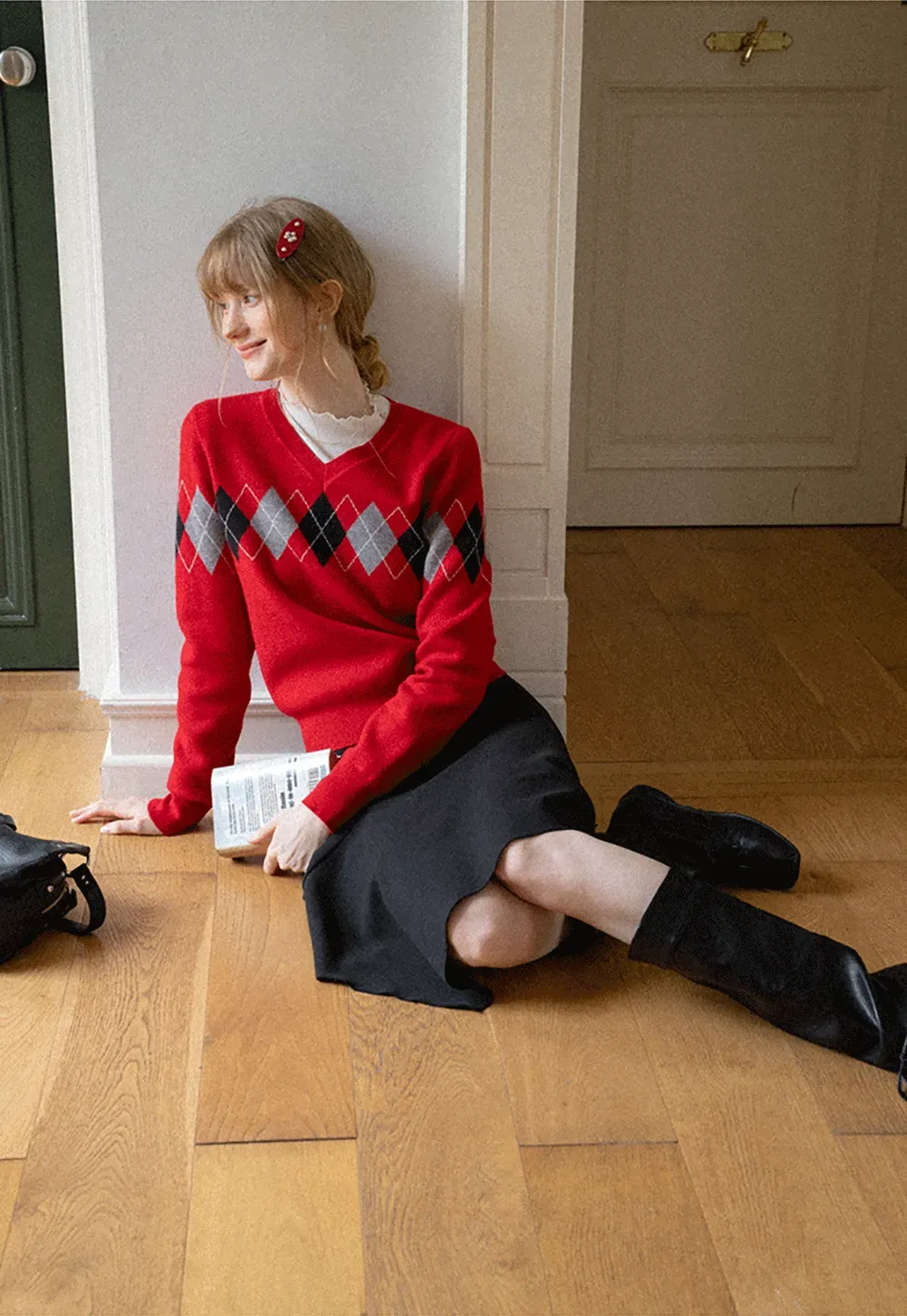 Argyle Pattern V Neck Wool Knit Sweater