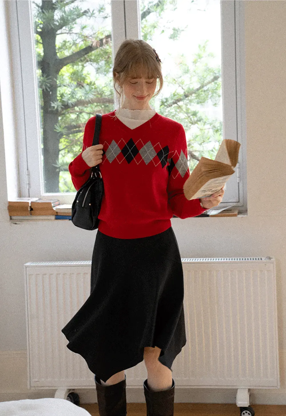 Argyle Pattern V Neck Wool Knit Sweater