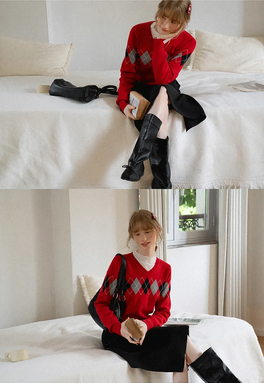 Argyle Pattern V Neck Wool Knit Sweater