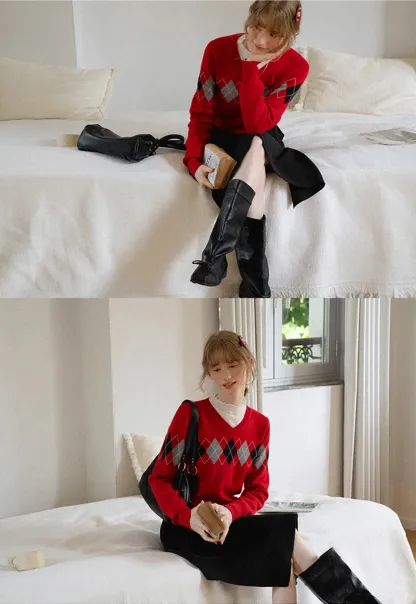 Argyle Pattern V Neck Wool Knit Sweater