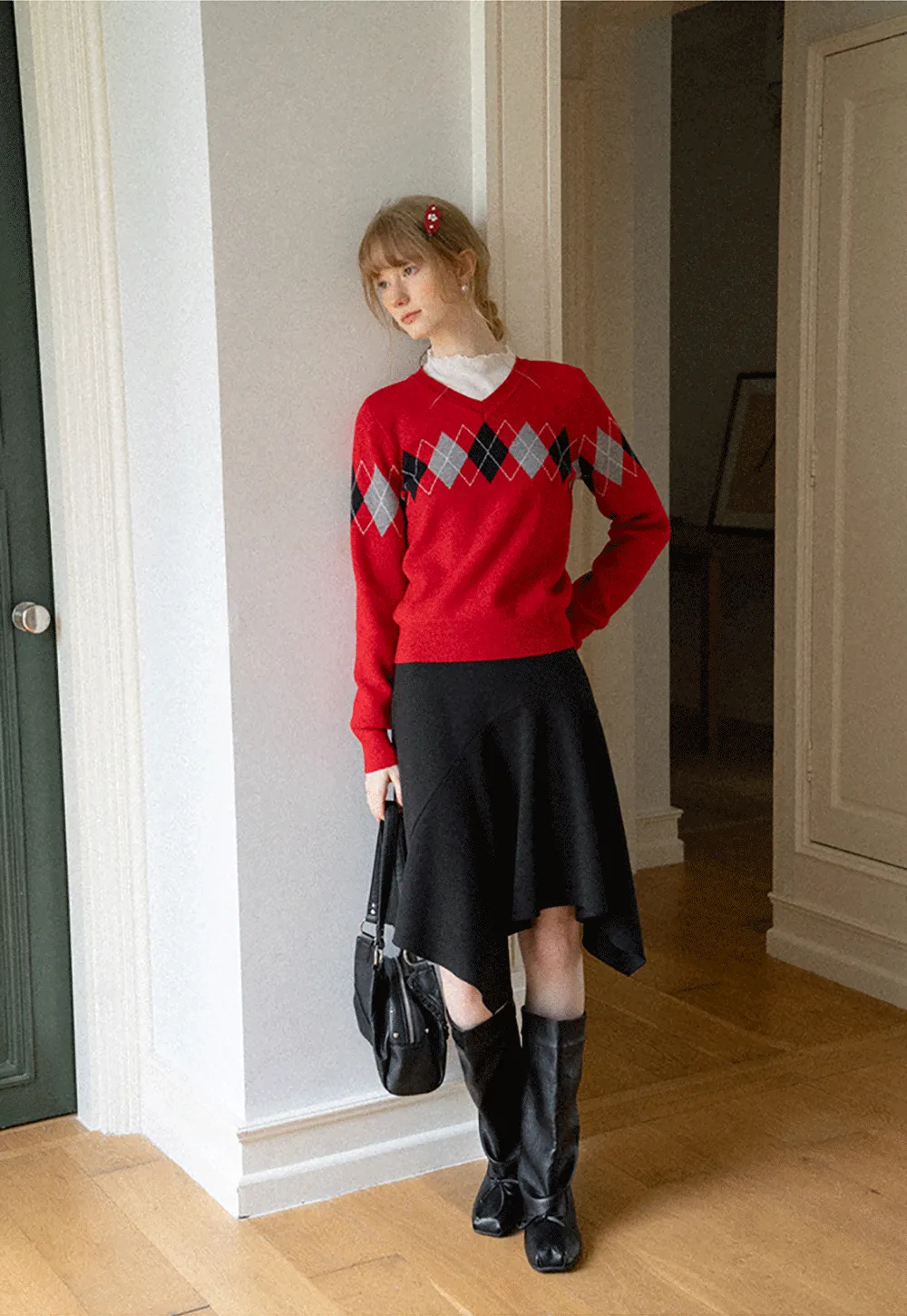 Argyle Pattern V Neck Wool Knit Sweater