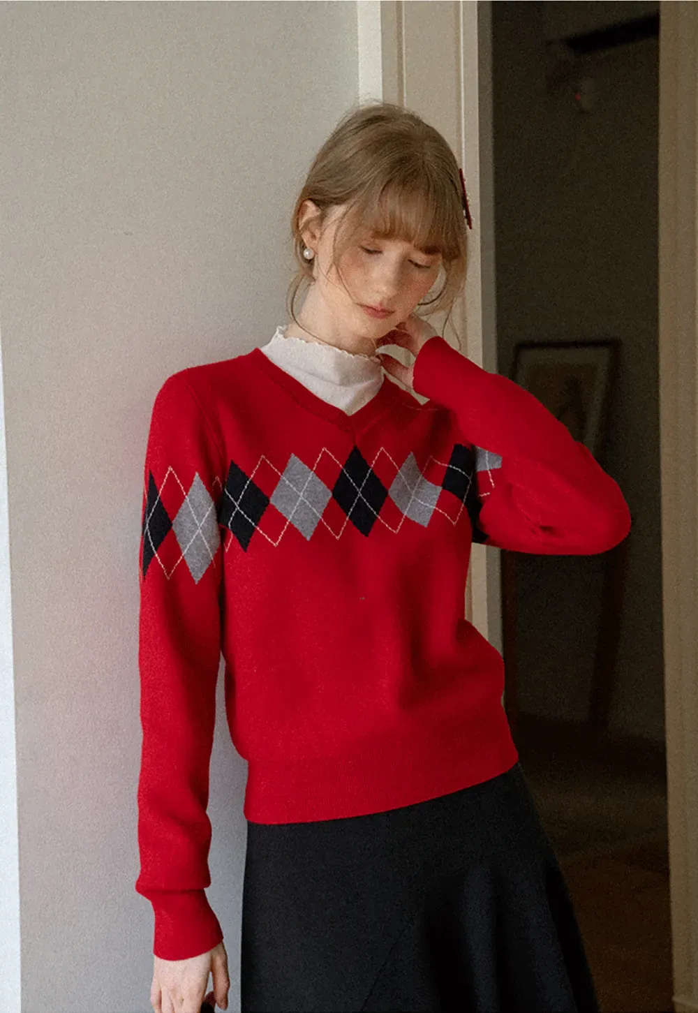 Argyle Pattern V Neck Wool Knit Sweater