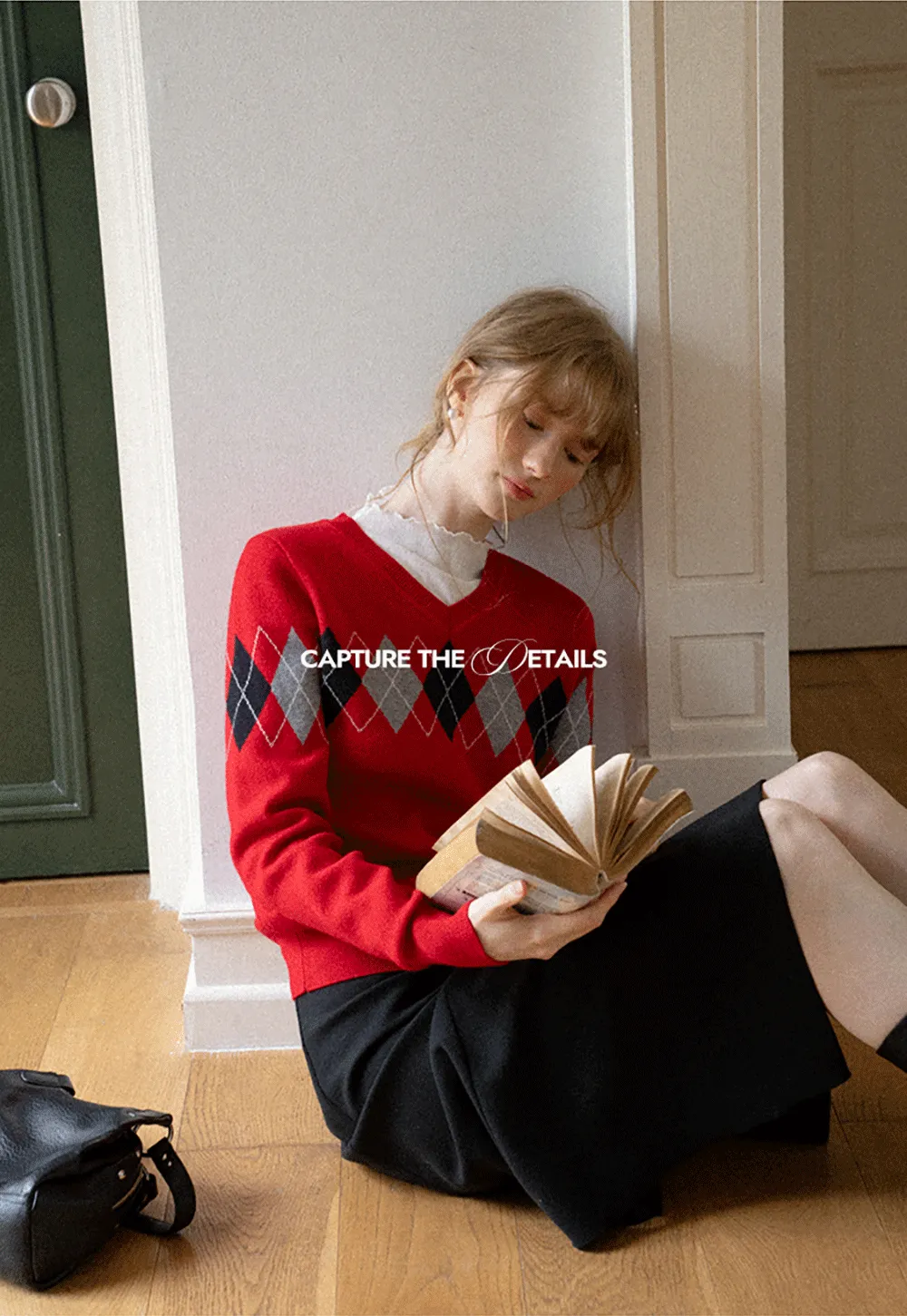 Argyle Pattern V Neck Wool Knit Sweater