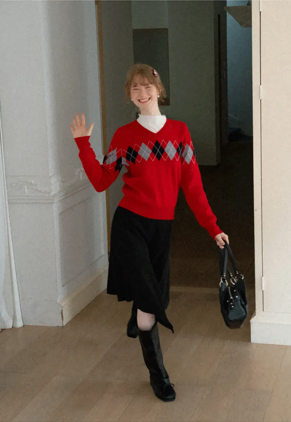 Argyle Pattern V Neck Wool Knit Sweater