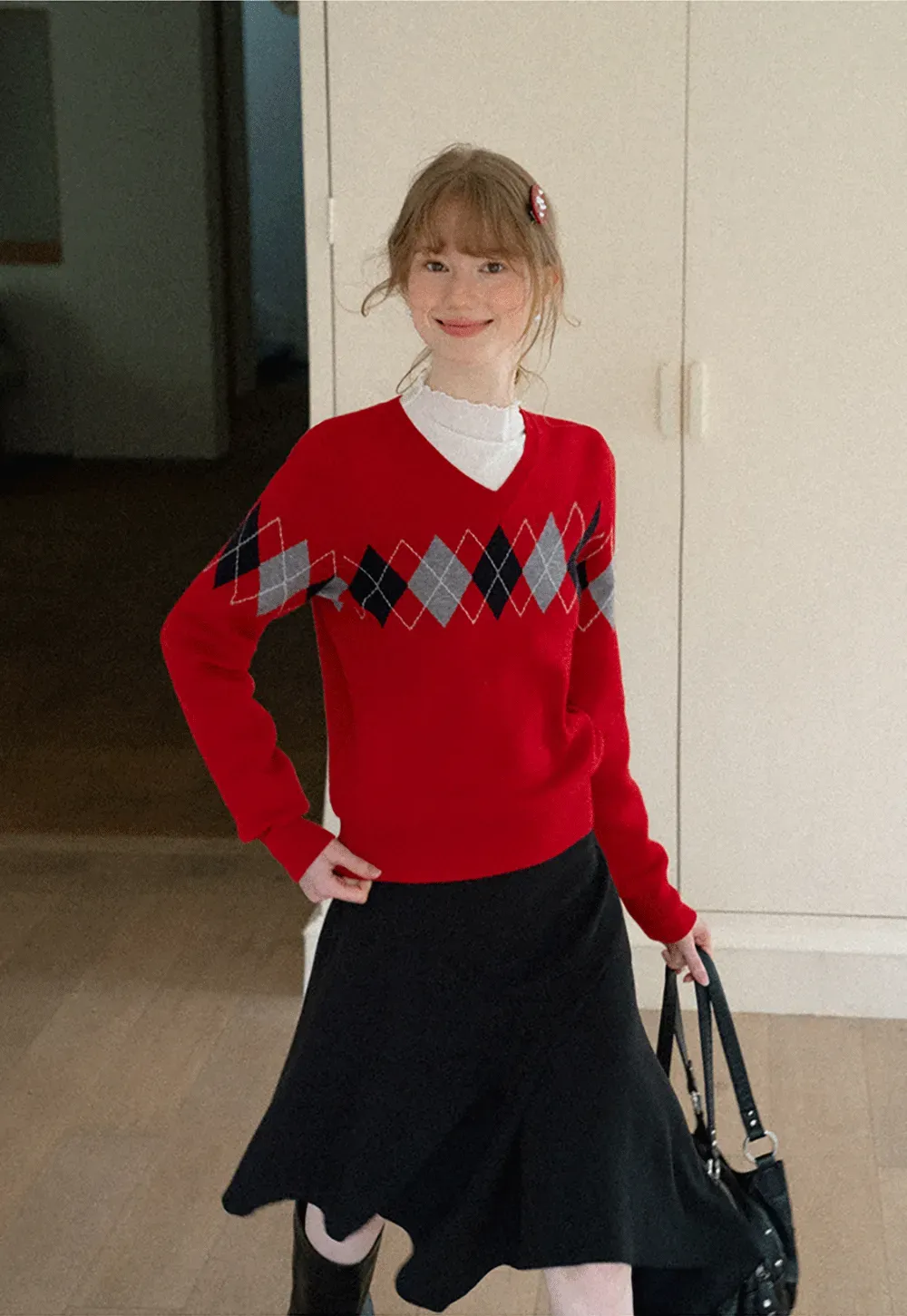 Argyle Pattern V Neck Wool Knit Sweater